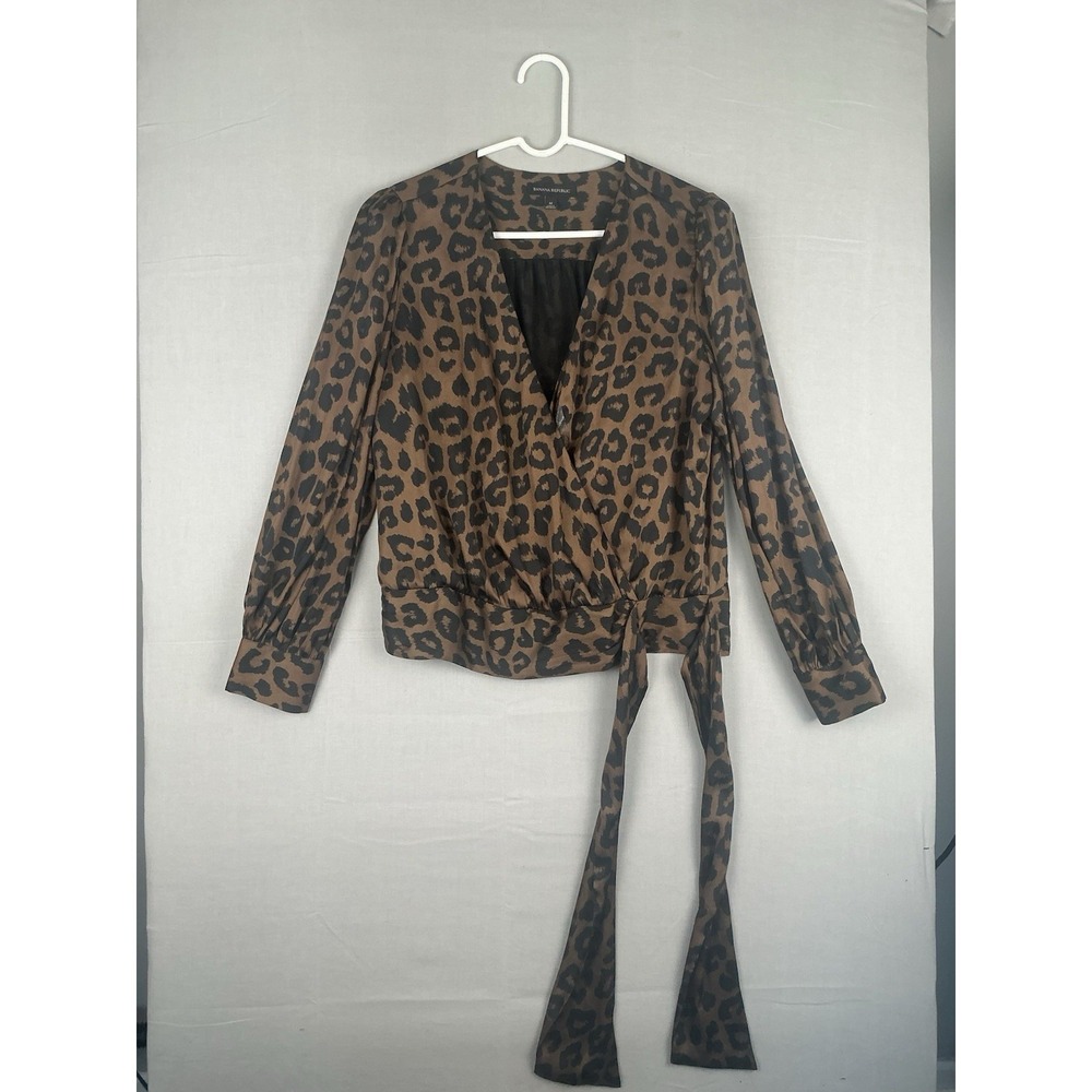 Banana Republic Leopard‎ Print Wrap Blouse Womens Medium Brown Black Tie Waist